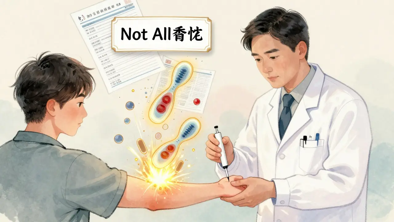 Test cutané avec des anticorps lumineux et des dossiers médicaux qui disparaissent.