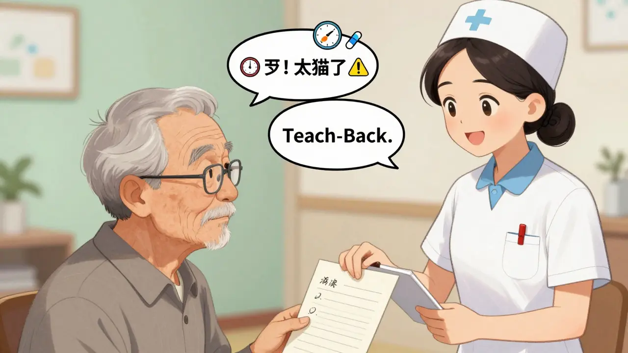 Un aîné répète à une infirmière comment prendre ses médicaments, avec des bulles de dialogue illustrées.