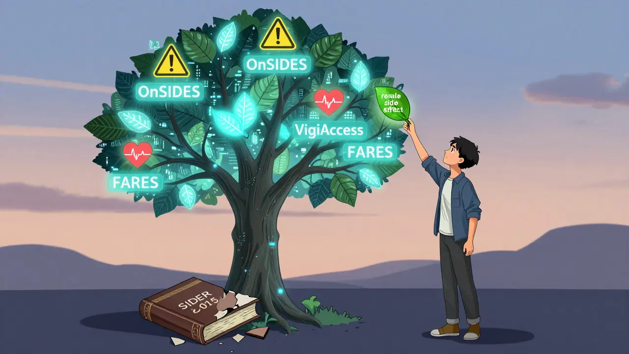 Un arbre numérique révèle les bases de données modernes de pharmacovigilance, tandis qu'une source obsolète tombe en ruine.
