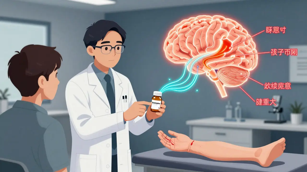 Un cerveau schématisé montre les signaux nerveux liés à la douleur fantôme et les effets secondaires des médicaments.