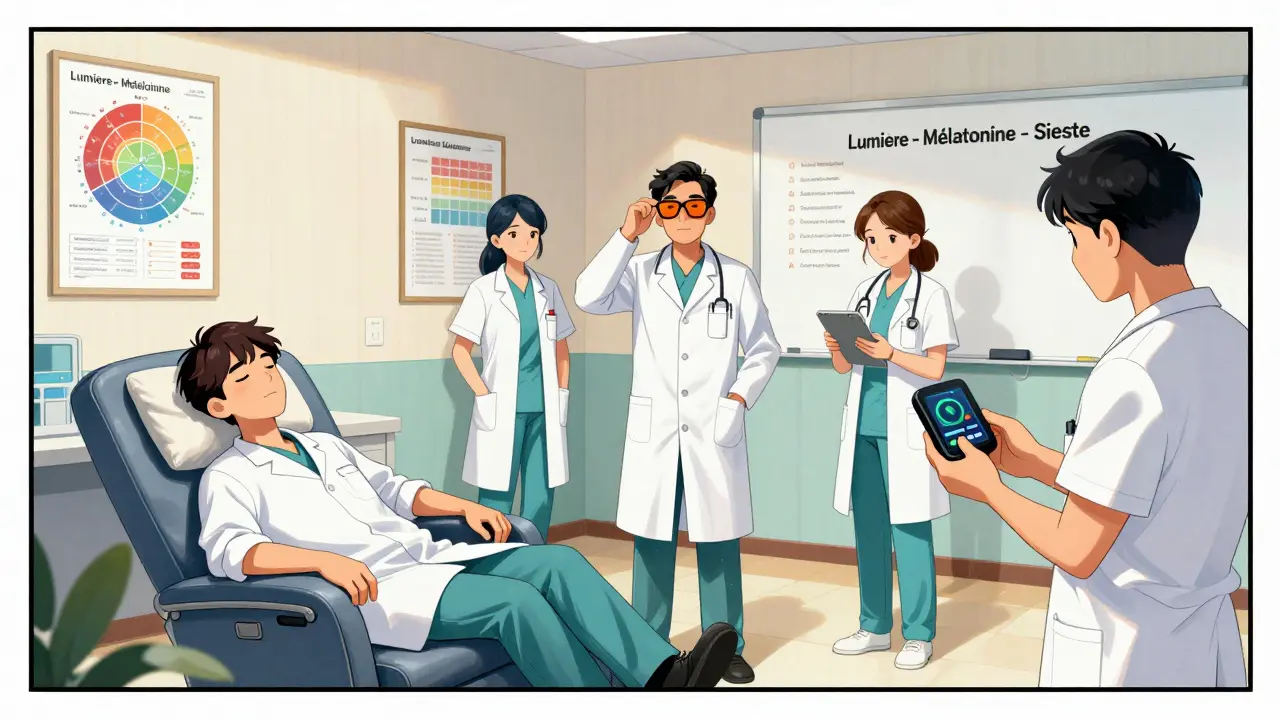 Un groupe de soignants en pause, l'un en sieste, d'autres avec des lunettes teintées et un dispositif de suivi du sommeil.