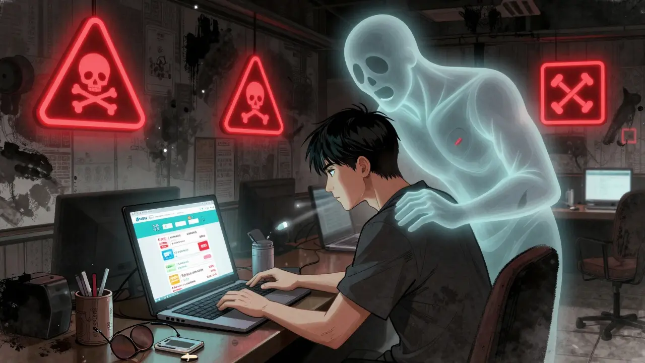 Un homme sur un ordinateur visite un site de vente de médicaments contrefaits, une ombre menaçante se profile derrière lui.