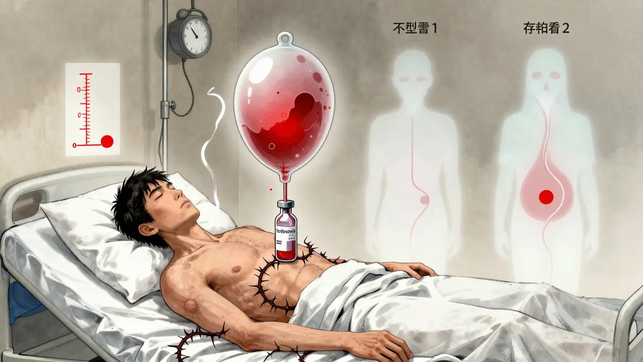 Un patient cirrhotique entouré de symboles flottants : créatinine, ascite et seringue de terlipressine, dans un style manhua.