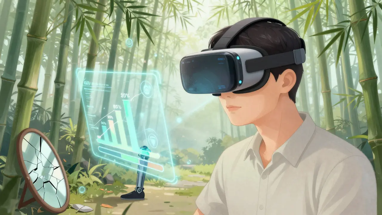 Un patient en casque VR voit son membre fantôme marcher dans une forêt virtuelle, symbole d'une nouvelle thérapie.