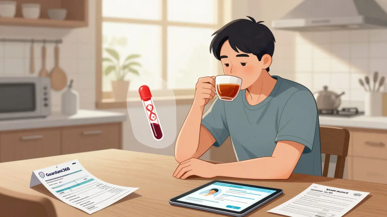 Un patient en paix à la maison, avec un échantillon de sang montrant l'ADN tumoral détecté en surimpression.