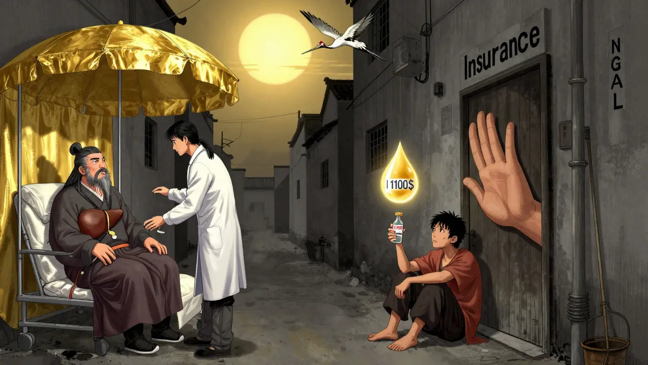 Un patient pauvre bloqué par une main d'assurance, tandis qu'un autre reçoit une greffe, dans un style manhua.