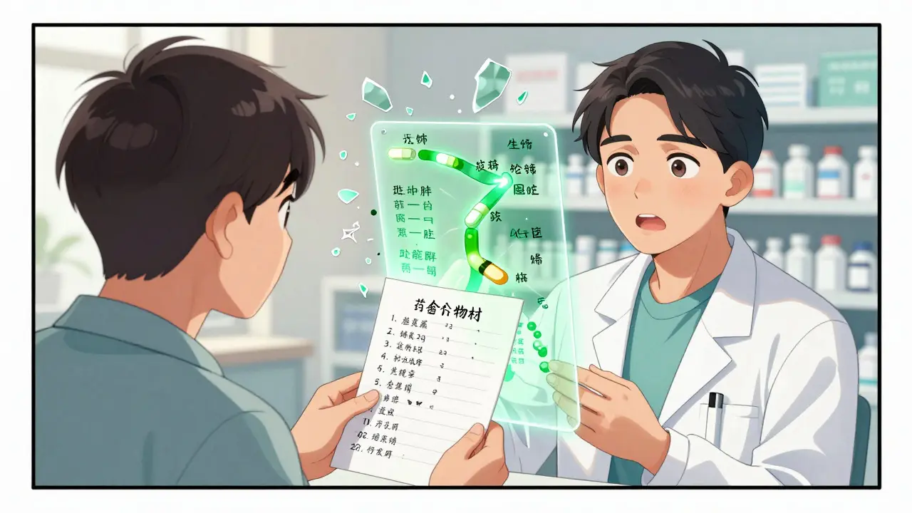 Un patient présente une liste écrite de ses médicaments, des voies sûres brillent en vert contre des interactions brisées.