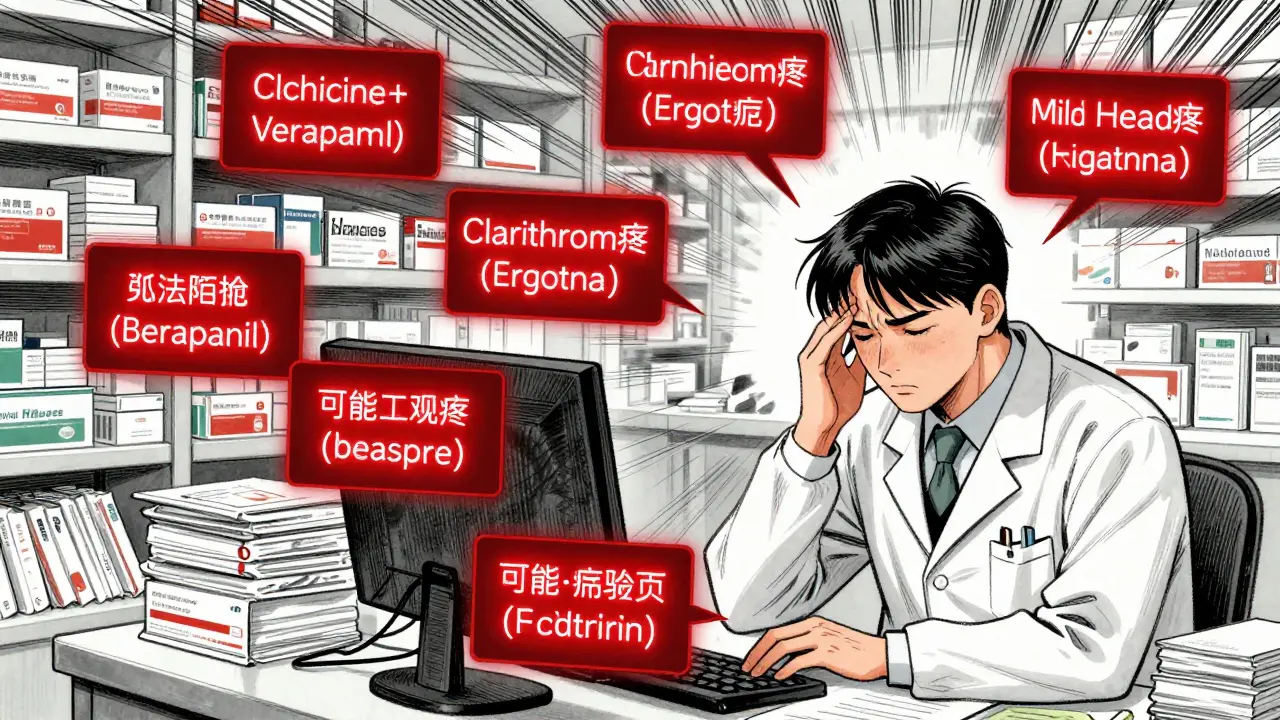 Un pharmacien submergé par des alertes numériques inutiles, seuls cinq avertissements critiques brillent en rouge.