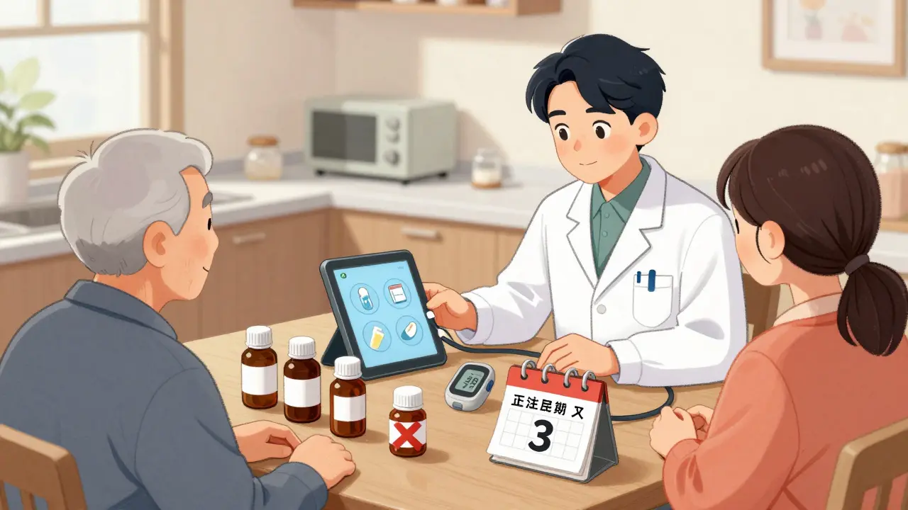 Un pharmacien vérifie les médicaments à domicile avec un tablette, entouré de la famille et des bouteilles.