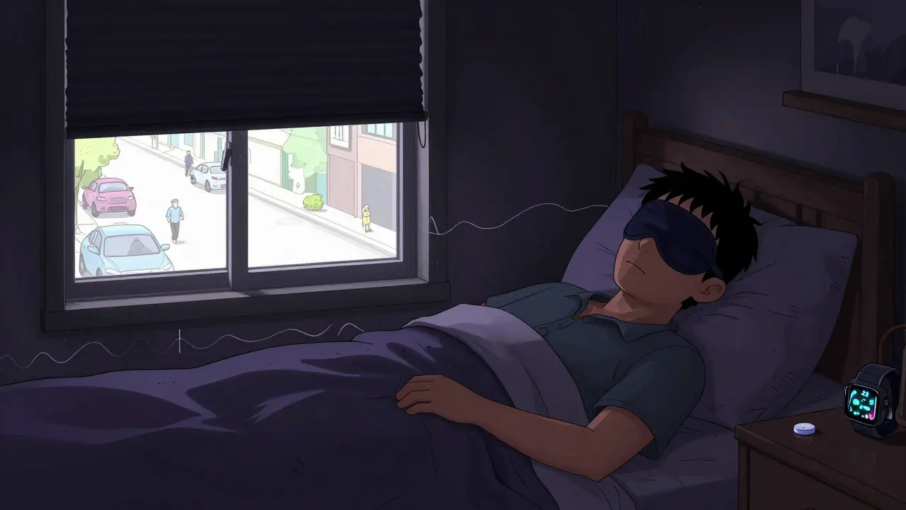 Un travailleur dormant en plein jour dans une chambre entièrement obscurcie, avec un masque et une pilule de mélatonine sur la table de nuit.