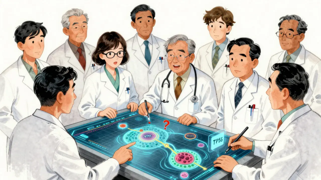 Une équipe médicale analyse des séquences génétiques sur une table holographique, avec des mutations flottantes.