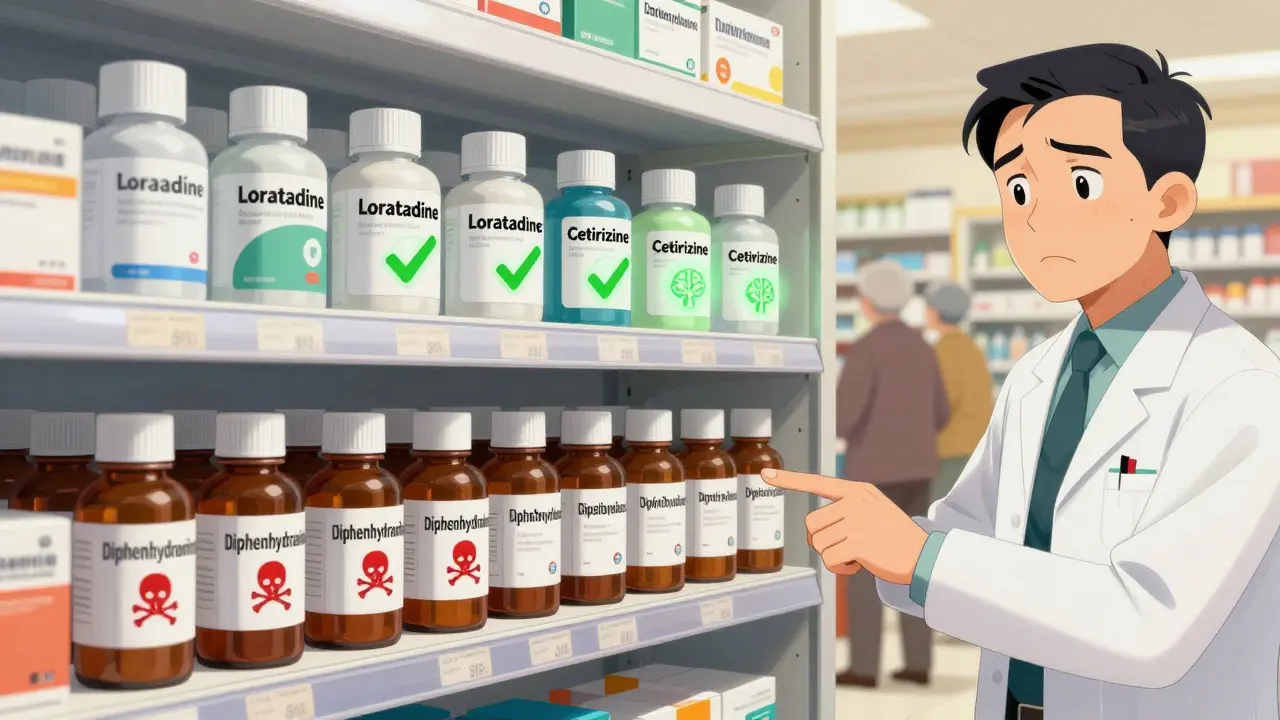 Une étagère de pharmacie avec des antihistaminiques dangereux à l'avant et des alternatives sûres à l'arrière, un pharmacien les indique.