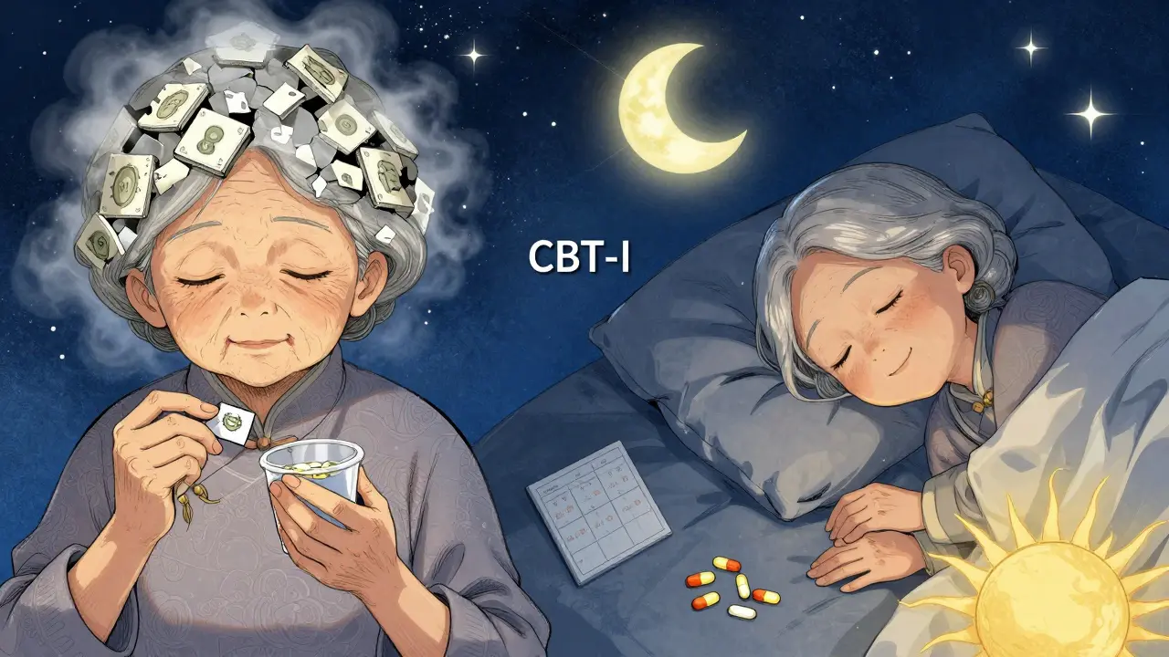 Une femme âgée remplacant un somnifère par un sommeil naturel sous un ciel étoilé, symbolisé par une lune calme et un lever de soleil.