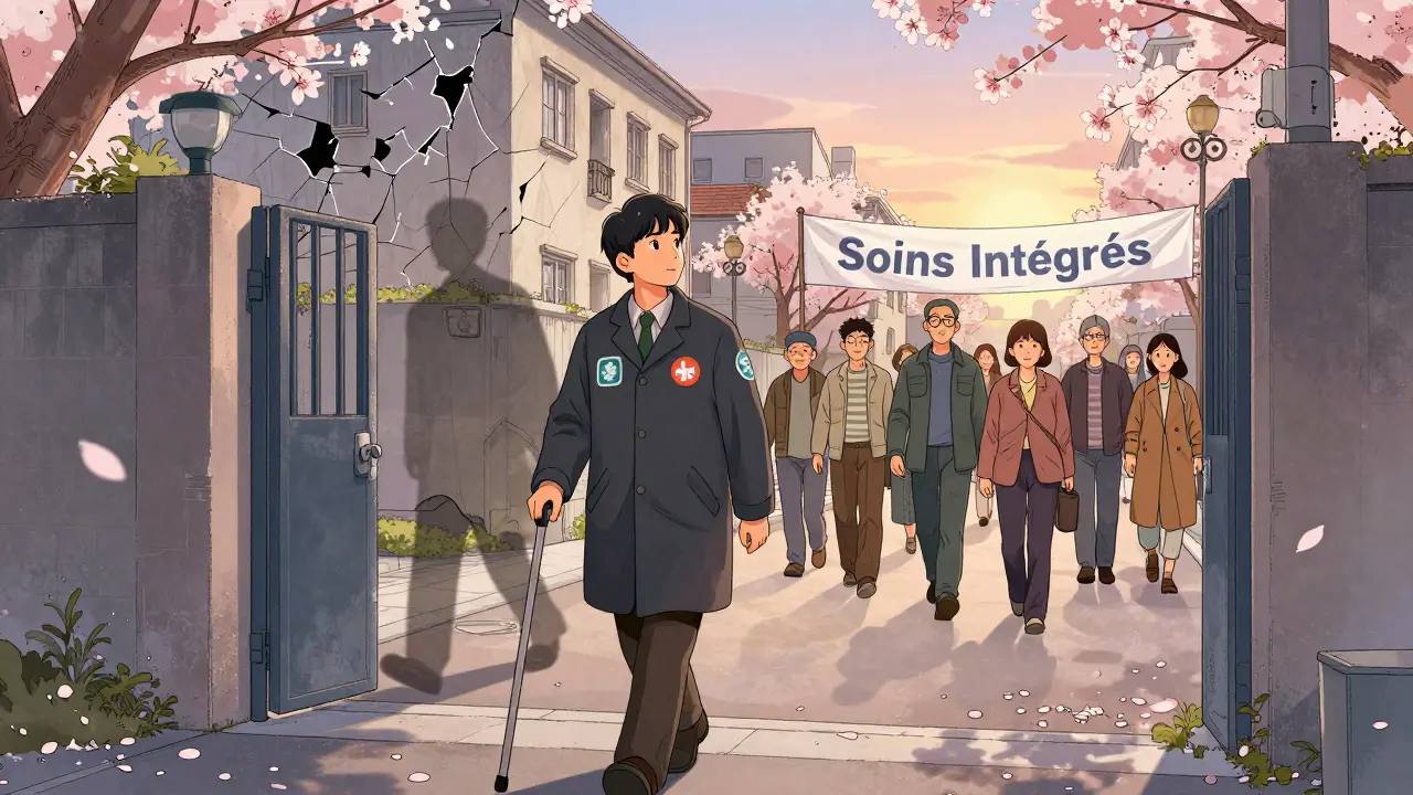 Une personne sortant d’un hôpital vers une communauté accueillante, symbole de soins intégrés.