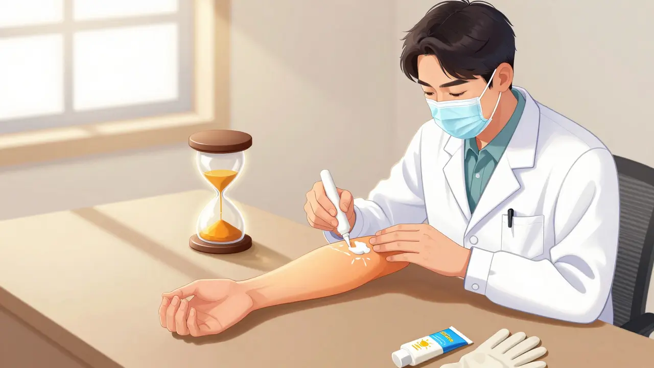 Application d'une crème dépigmentante sur un avant-bras, la peau passant progressivement du brun à l'ivoire, avec un sablier et un écran de protection solaire.