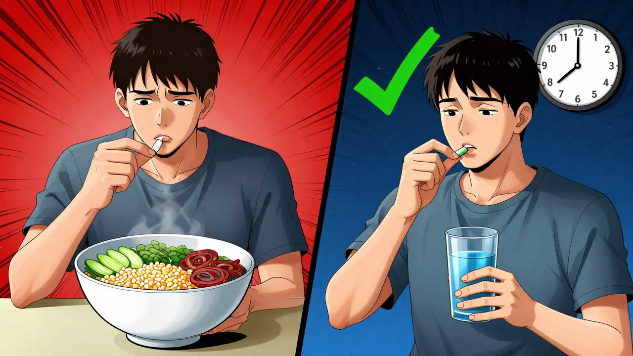 Comparaison en deux panels : repas riche en fibres avec médicament (risque) vs. fibre le soir avec écart sécurisé.