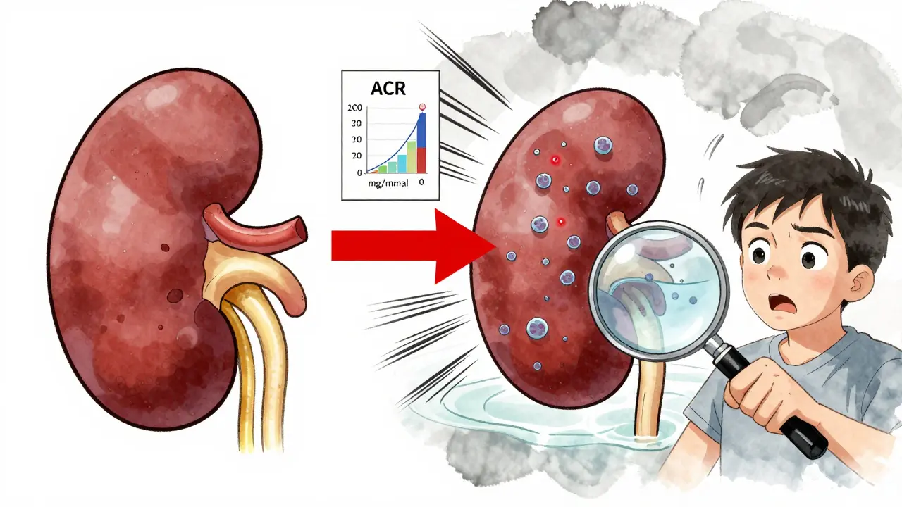 Comparaison visuelle d'un rein sain et endommagé, avec fuite de protéines dans l'urine, style manhua chinois.