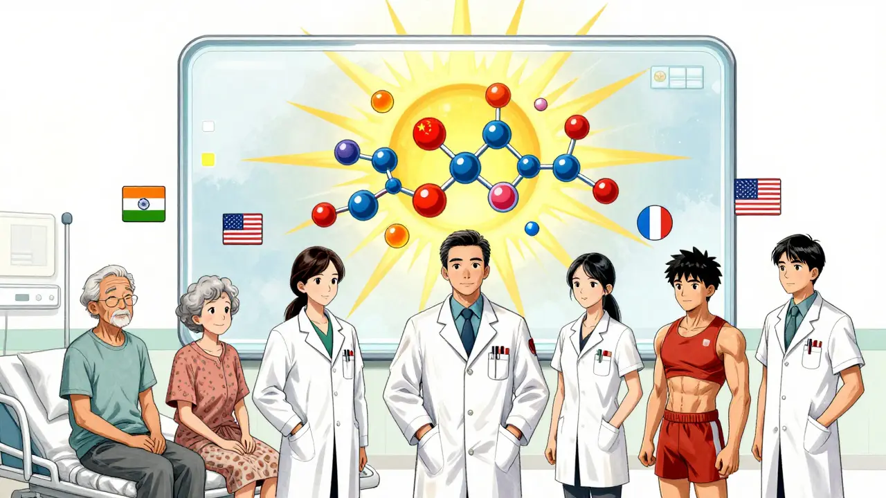 Des patients dans un hôpital reçoivent des médicaments génériques, tandis qu'une molécule lumineuse se dissout en soleil, symbolisant l'efficacité.