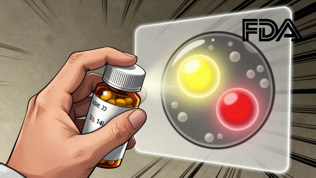 Main tenant une bouteille de médicament générique avec le numéro de lot visible, accompagné d'une visualisation des composants actifs et inactifs.