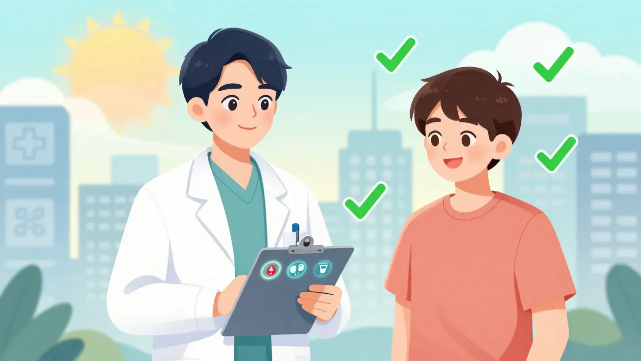 Médecin expliquant trois tests rénaux à un patient, avec icônes lumineuses de créatinine, DFG et ACR, style manhua.