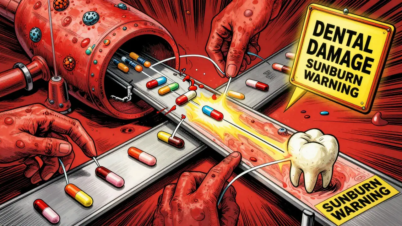 Ribosomes bactériens bloqués par des antibiotiques, avec avertissements sur les dents et la peau.