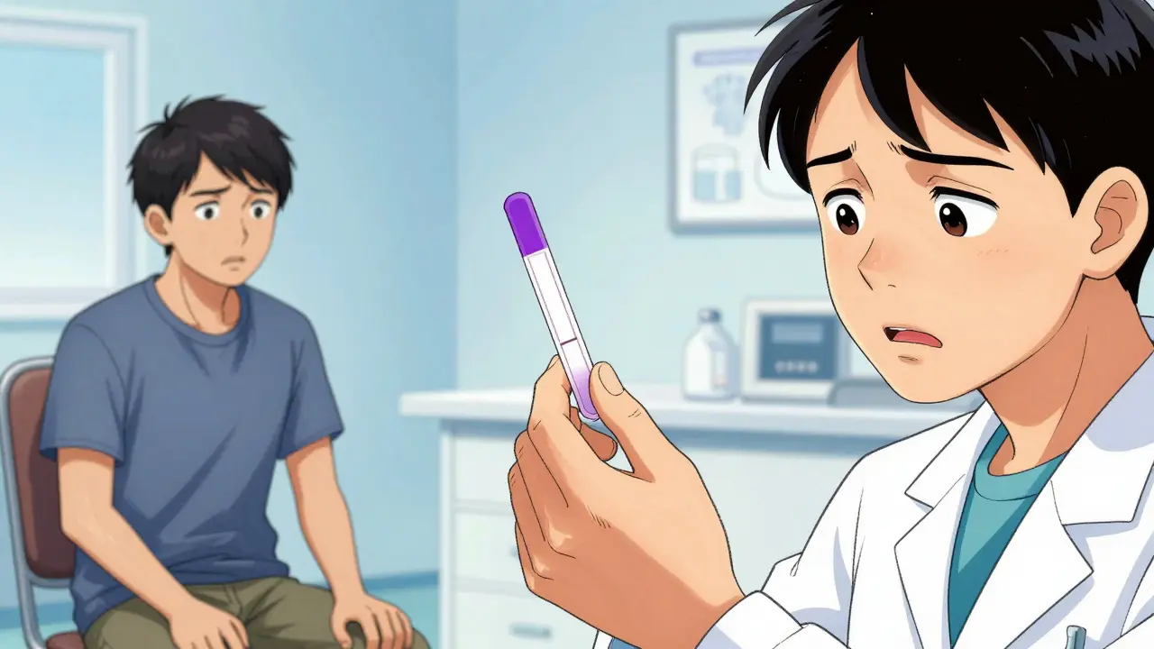 Test de cétones urinaires positif malgré une glycémie normale.