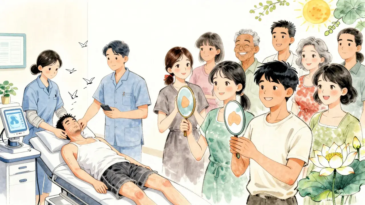 Traitement phototherapie avec IA et groupe de personnes souriantes, la peau uniforme, des fleurs de lotus blancs flottant autour d'eux.