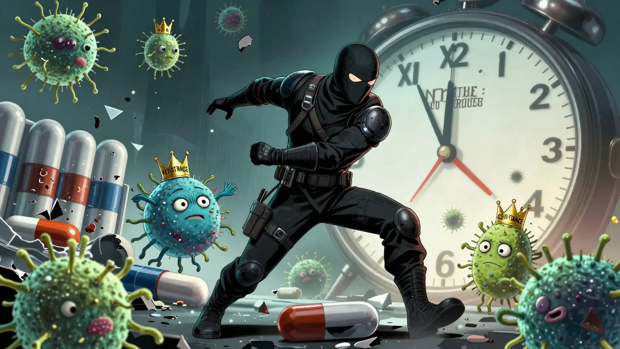 Un antibiotique futuriste se faufile dans une bactérie, tandis que d'autres médicaments s'effondrent.