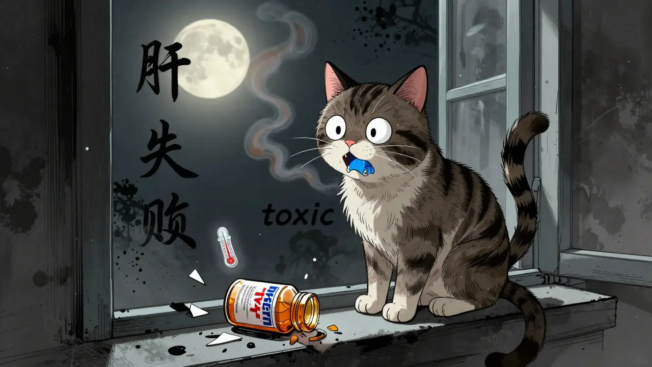 Un chat aux gencives bleues, exposé à du Tylenol, avec des symboles de toxicité flottant dans l'air.