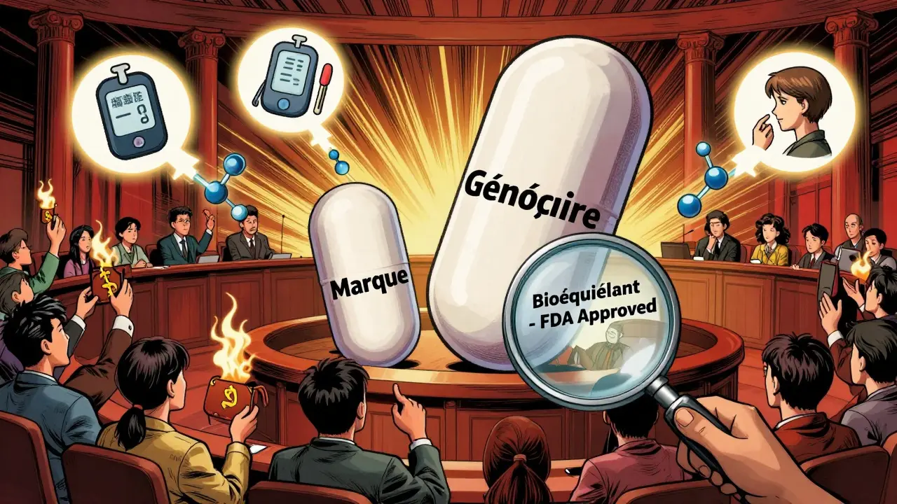 Un comprimé générique vainqueur face à un médicament de marque, entouré de patients heureux et de prix réduits.