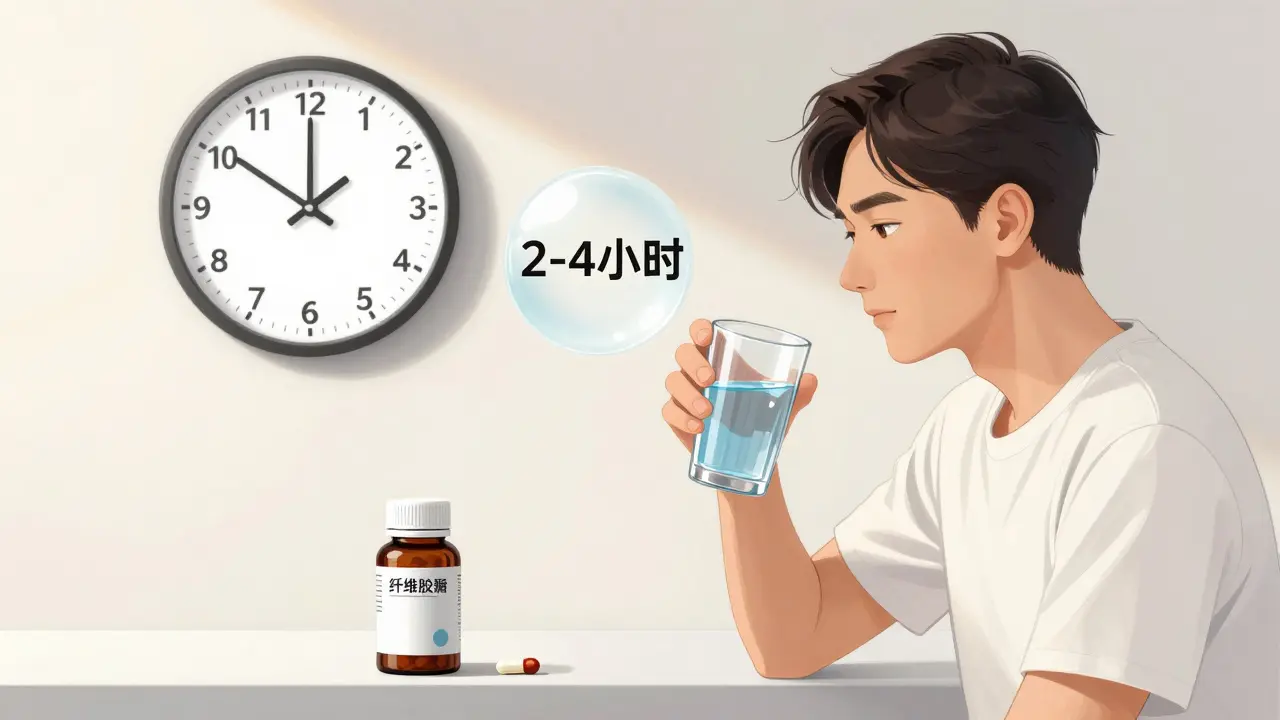 Un homme prenant un médicament le matin, avec une horloge indiquant un écart de 2 à 4 heures avant la fibre.