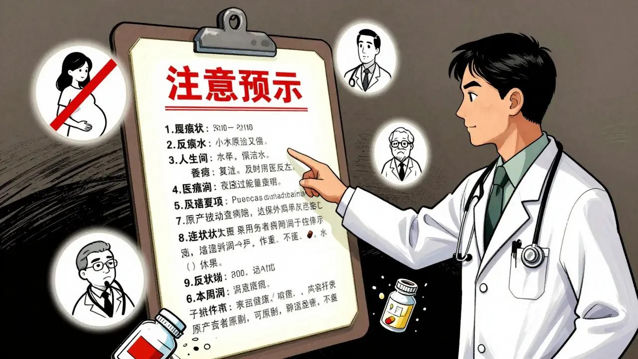 Un médecin montre une alerte boîte noire sur un dossier médical, entouré de symboles de risques spécifiques.