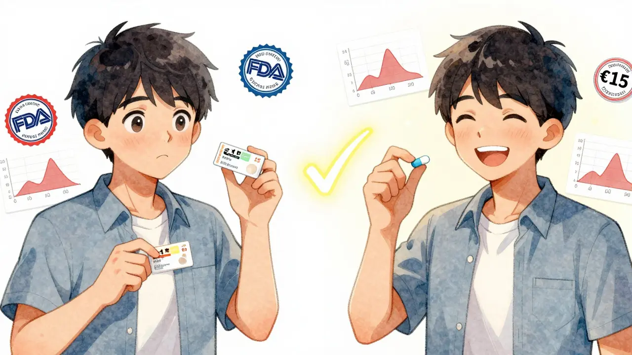 Un patient comparant le prix élevé d'un médicament de marque à celui bien plus bas d'un générique, avec des graphiques de bioéquivalence.