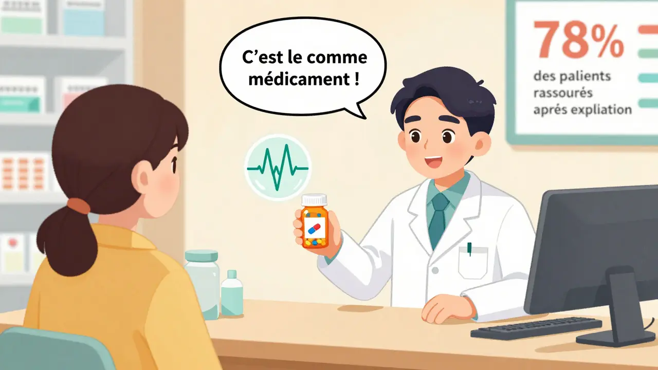 Un pharmacien montre une étiquette illustrée pour rassurer un patient sur l'identité du médicament générique.