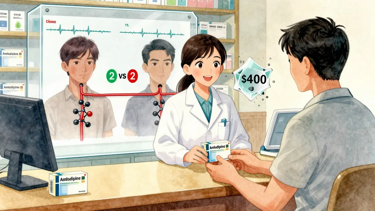 Un pharmacien remet un générique à un patient, avec une vue interne montrant les mêmes effets thérapeutiques que la marque.