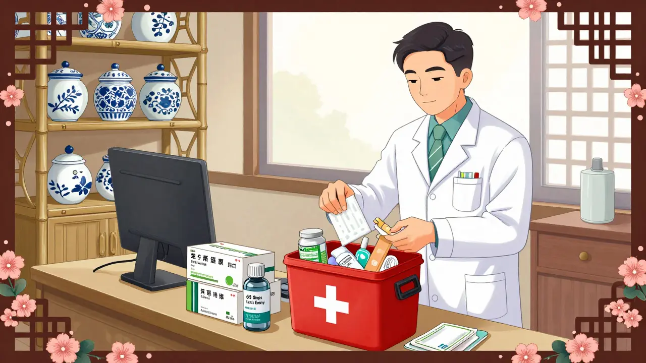 Un pharmacien remplace les produits périmés d'une trousse de premier secours, entouré d'objets médicaux neufs et d'une alerte sur smartphone.