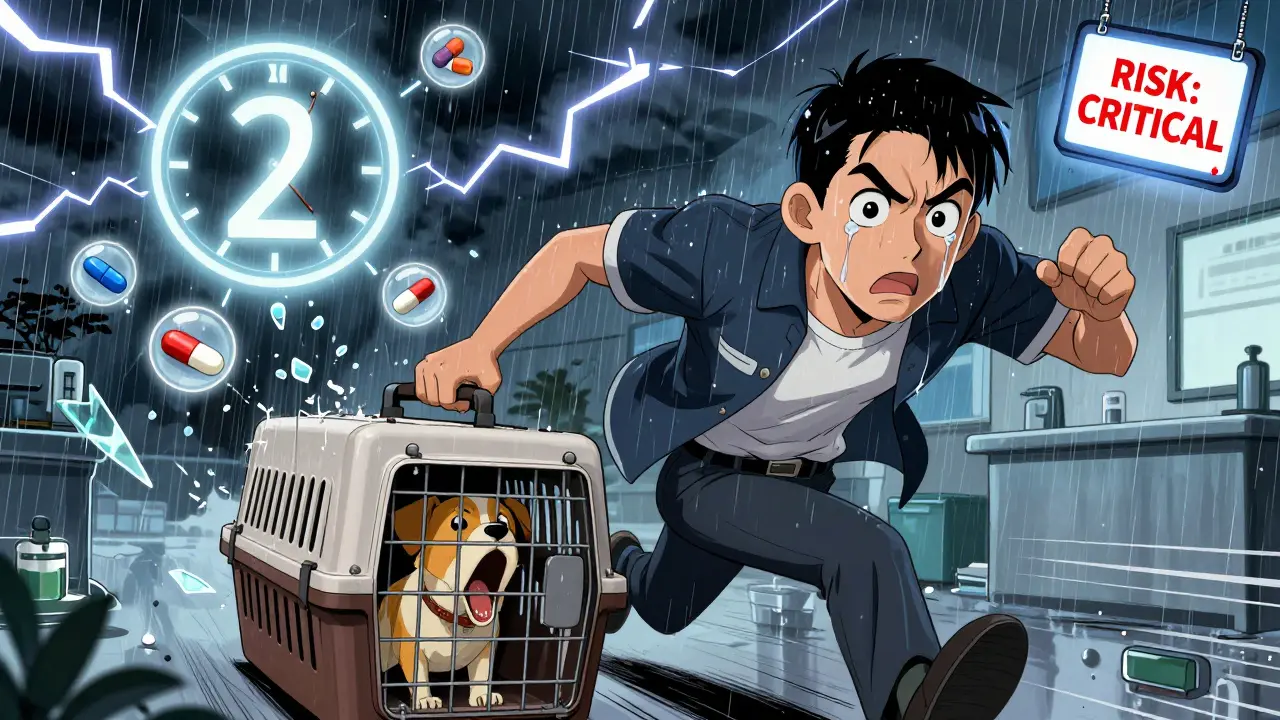 Un propriétaire court vers une clinique vétérinaire avec son animal, des pilules explosent en arrière-plan sous un ciel orageux.