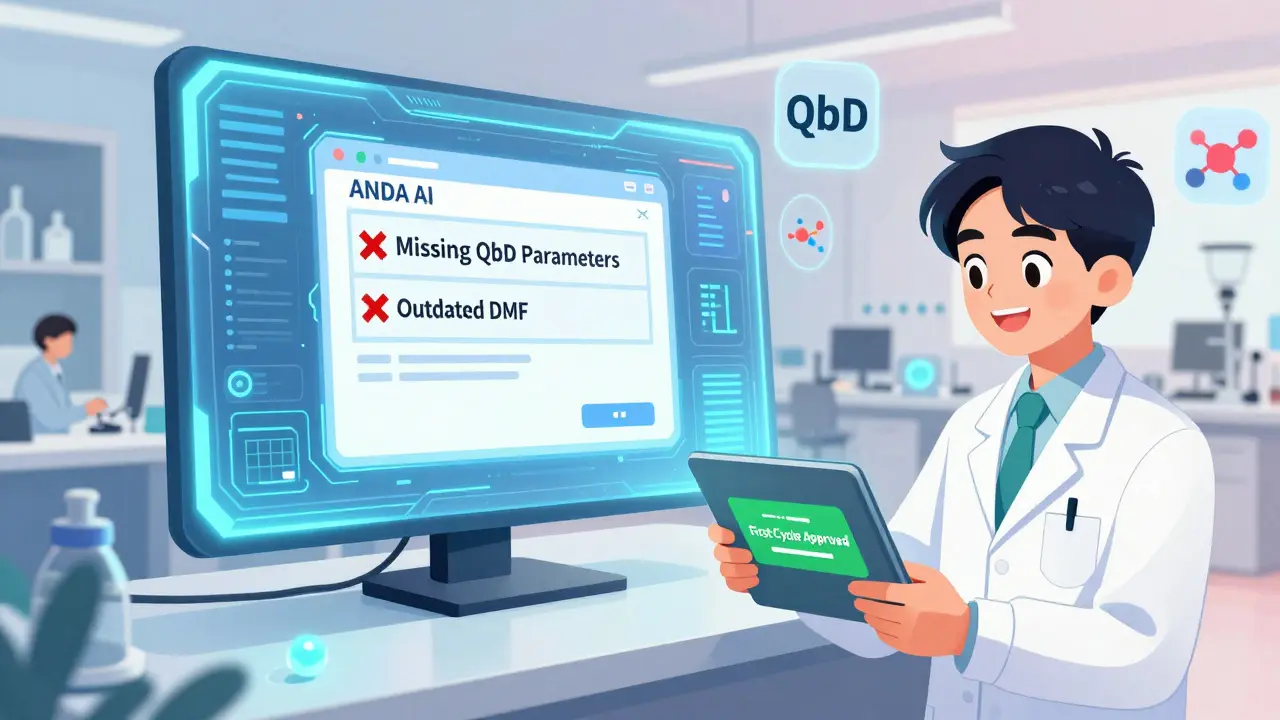 Un système d'IA de la FDA valide une demande générique avec une notification d'approbation.