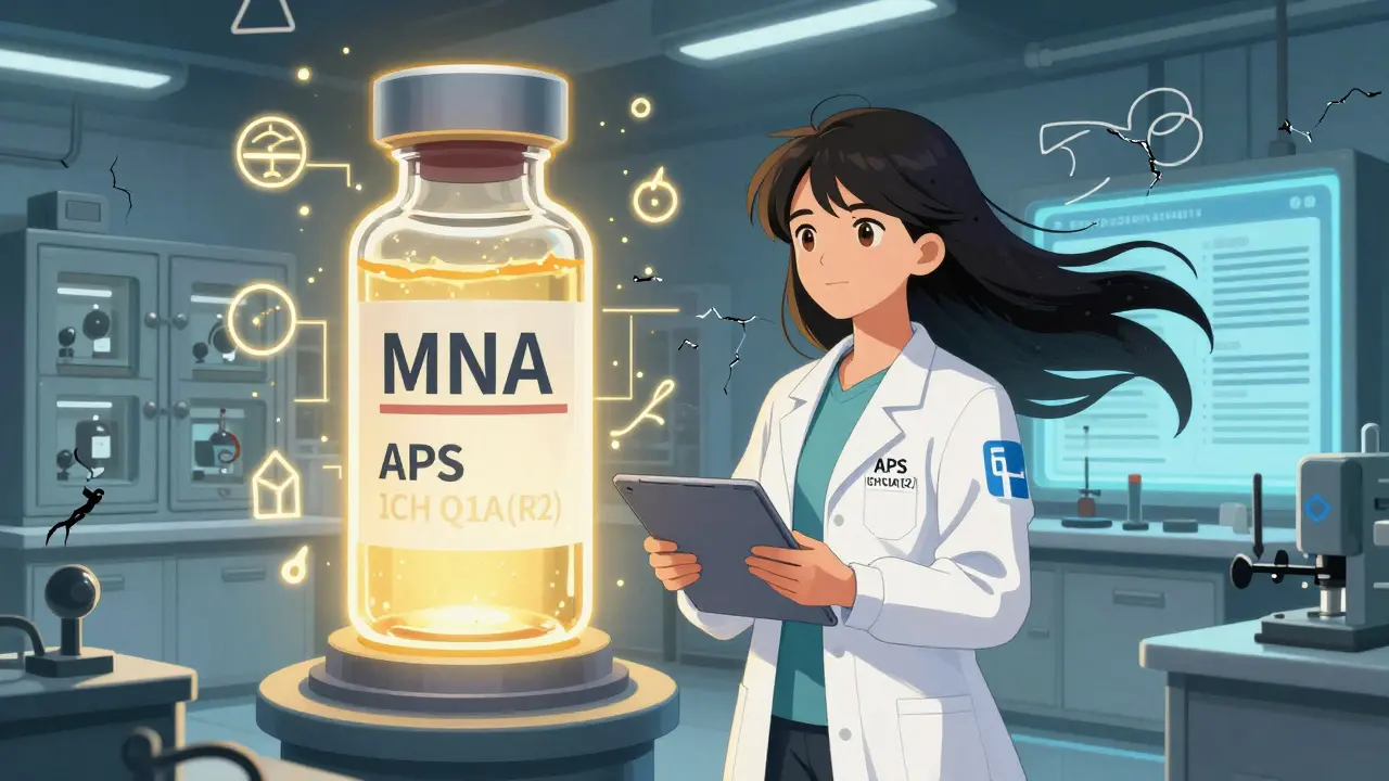 Une scientifique entre un laboratoire traditionnel et un futur avec IA, une ampoule de vaccin ARNm se décompose dans les deux mondes.