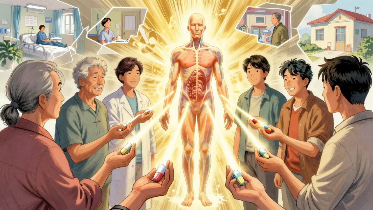 Des patients tiennent des pilules qui relient leur santé à un corps sain et lumineux.