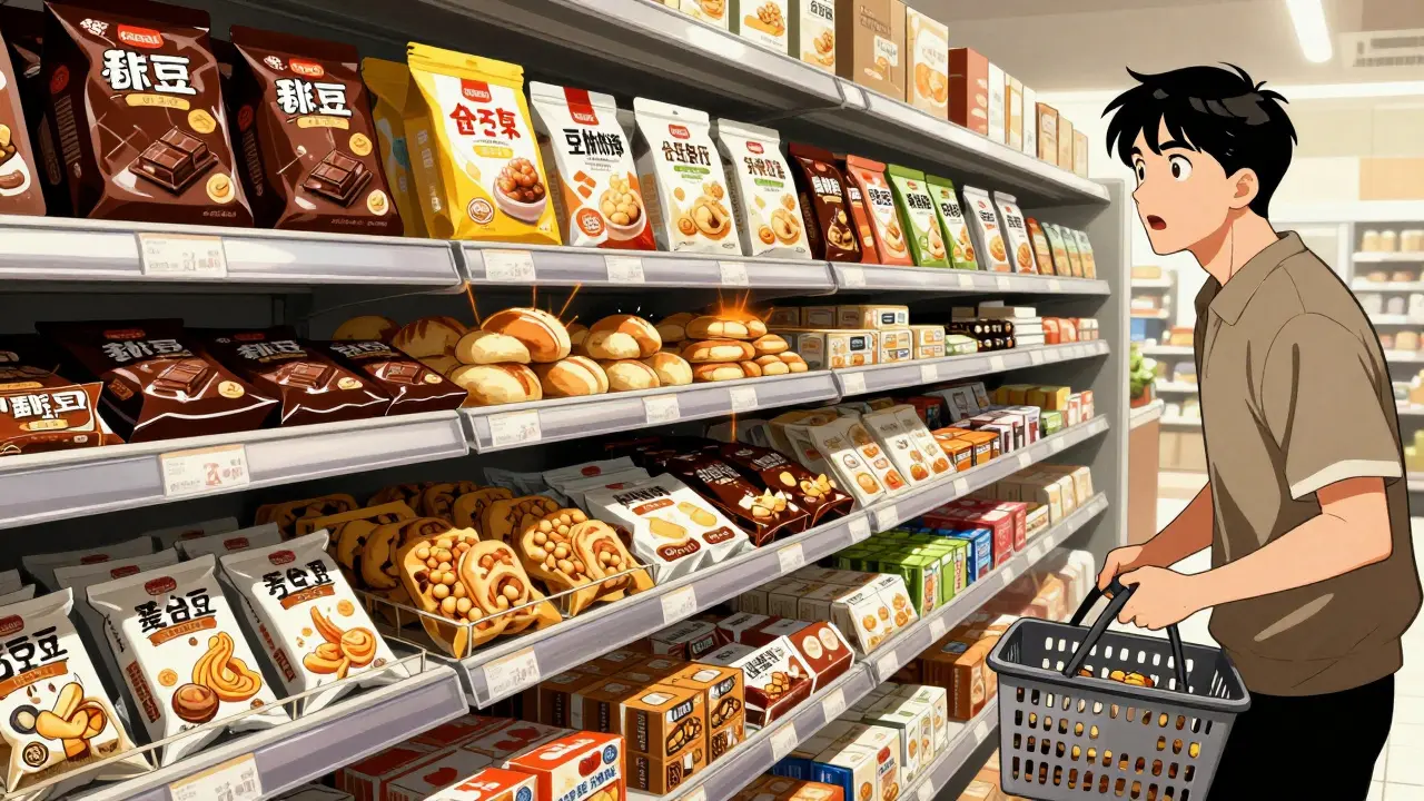 Étagère épicerie montrant produits transformés avec soja caché invisible.