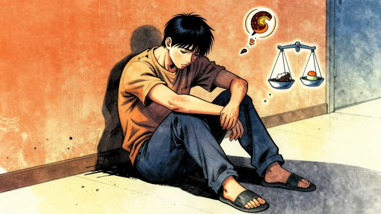 Jeune adulte épuisé sur un lit, entouré de nuages sombres