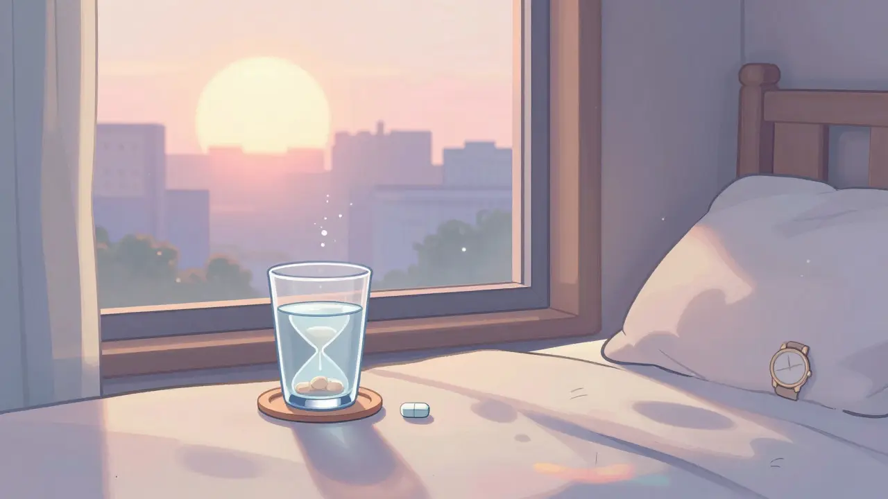Matin calme avec médicament posé près de la montre pour respecter le temps.
