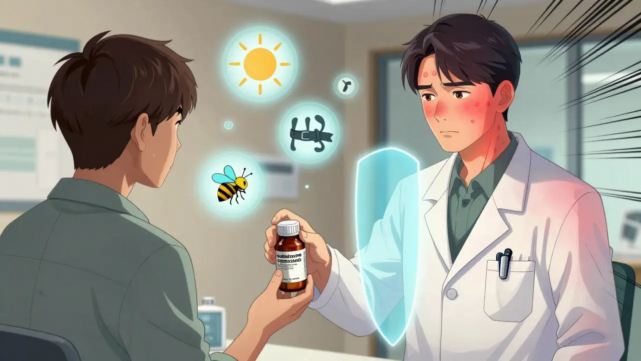 Patient recevant un antihistaminique, entouré d'icônes des déclencheurs d'urticaire et d'un bouclier de soulagement.