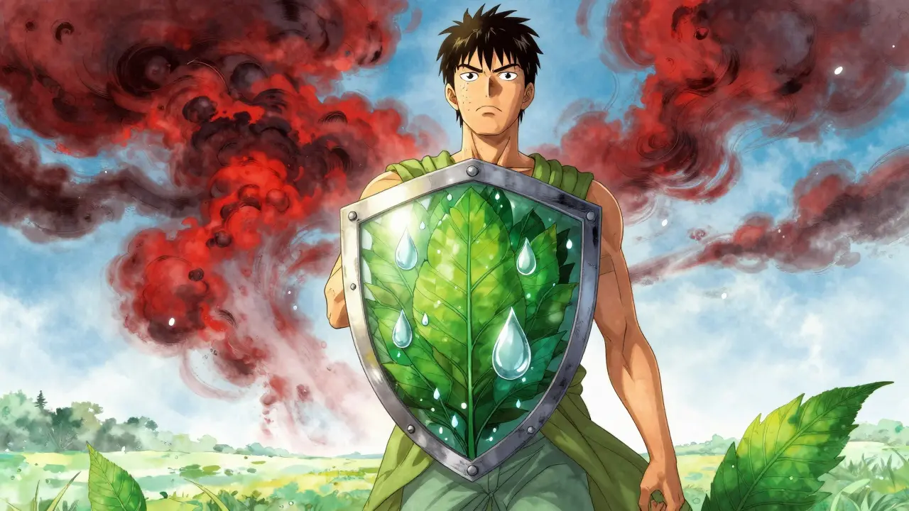 Personnage tenant un bouclier vert protégeant contre des tempêtes rouges