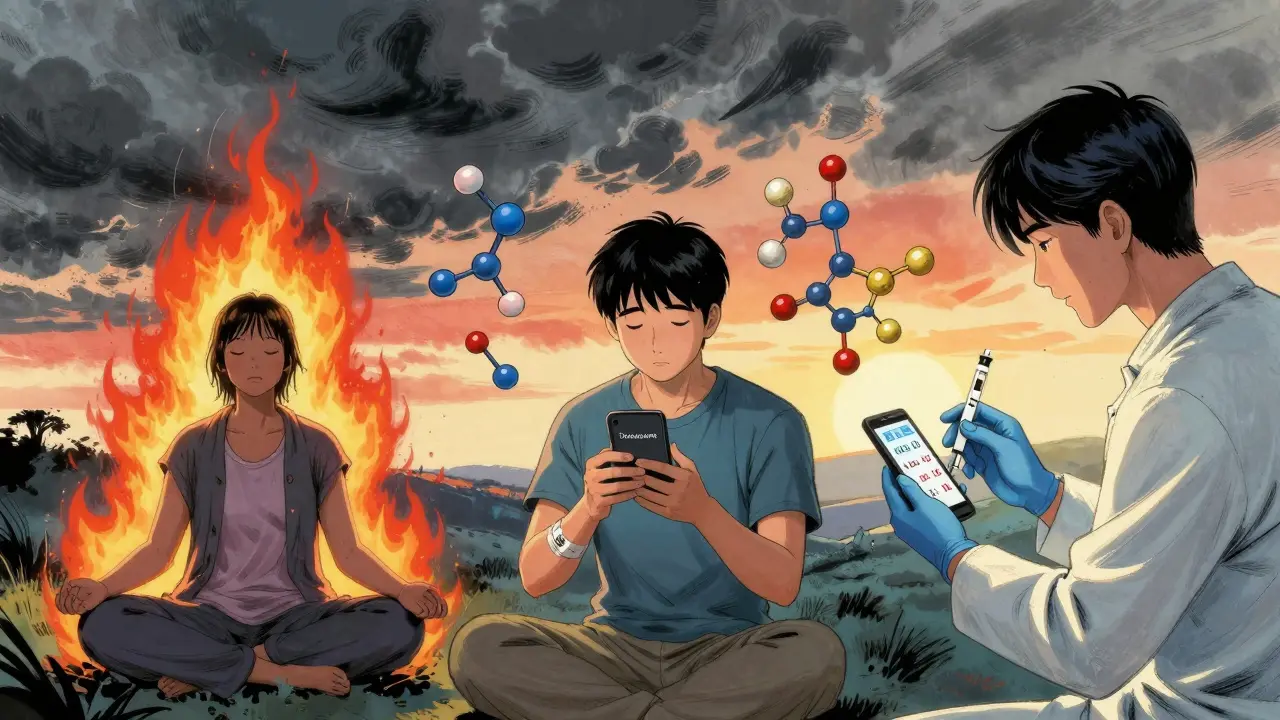 Trois patients en train de gérer leur urticaire chronique, entourés de structures moléculaires de traitements modernes.