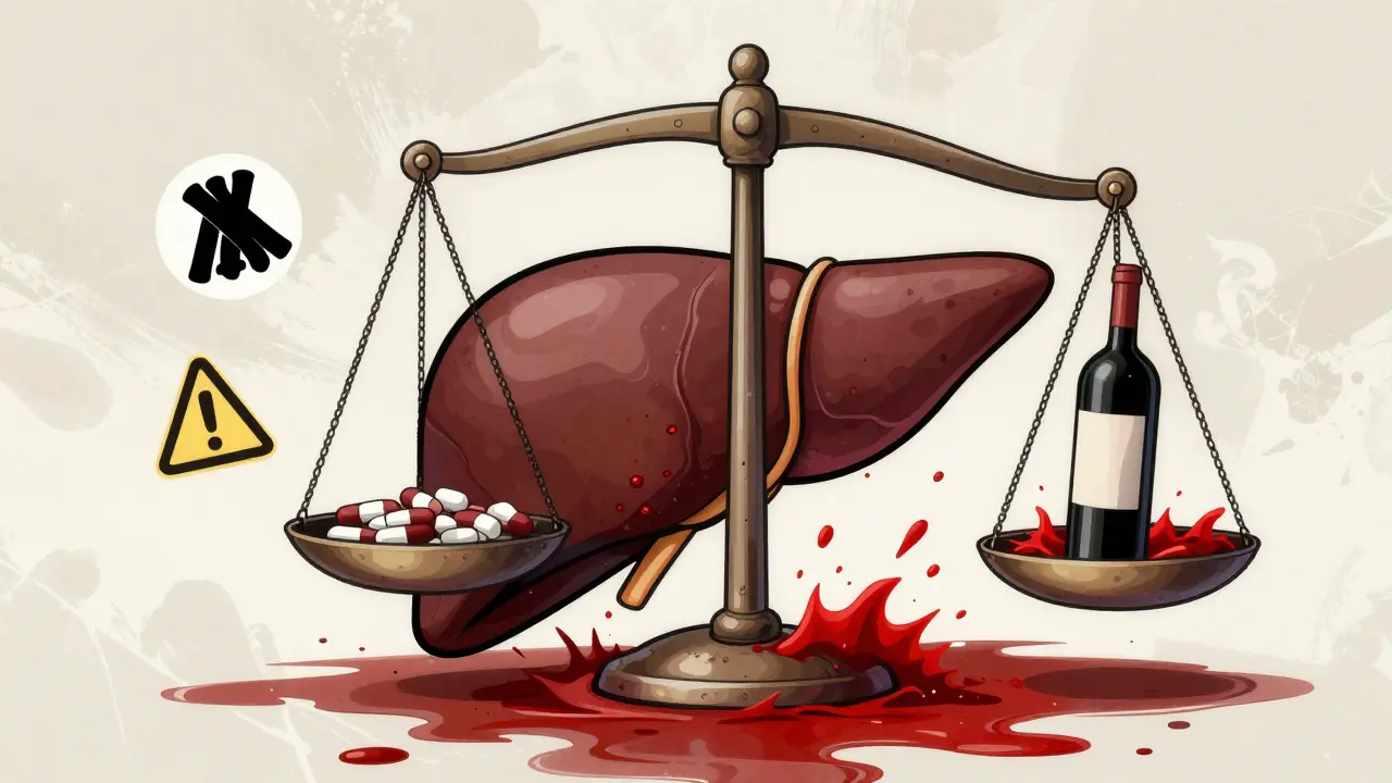 Un foie géant avec une balance déséquilibrée par une bouteille de vin, entouré de symptômes de saignement.