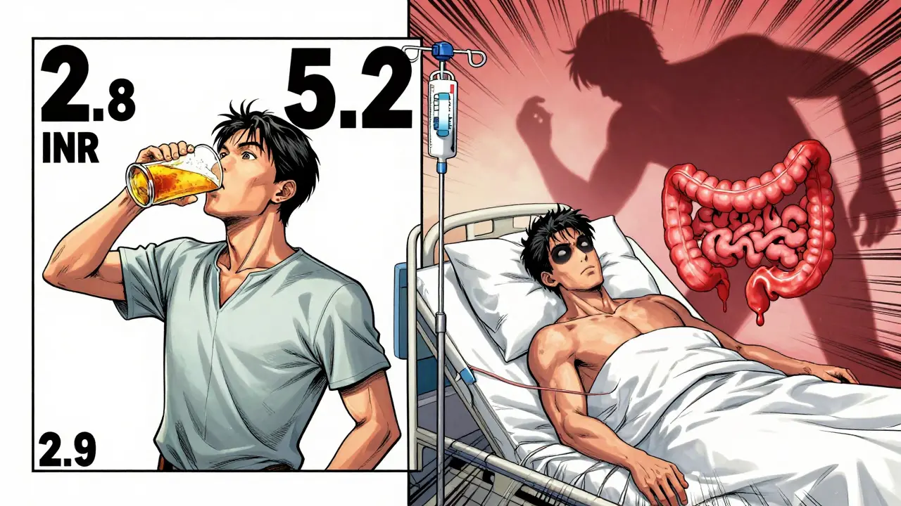 Un homme hospitalisé après avoir bu six bières, avec un indicateur INR en flèche vers le haut et une ombre de saignement.