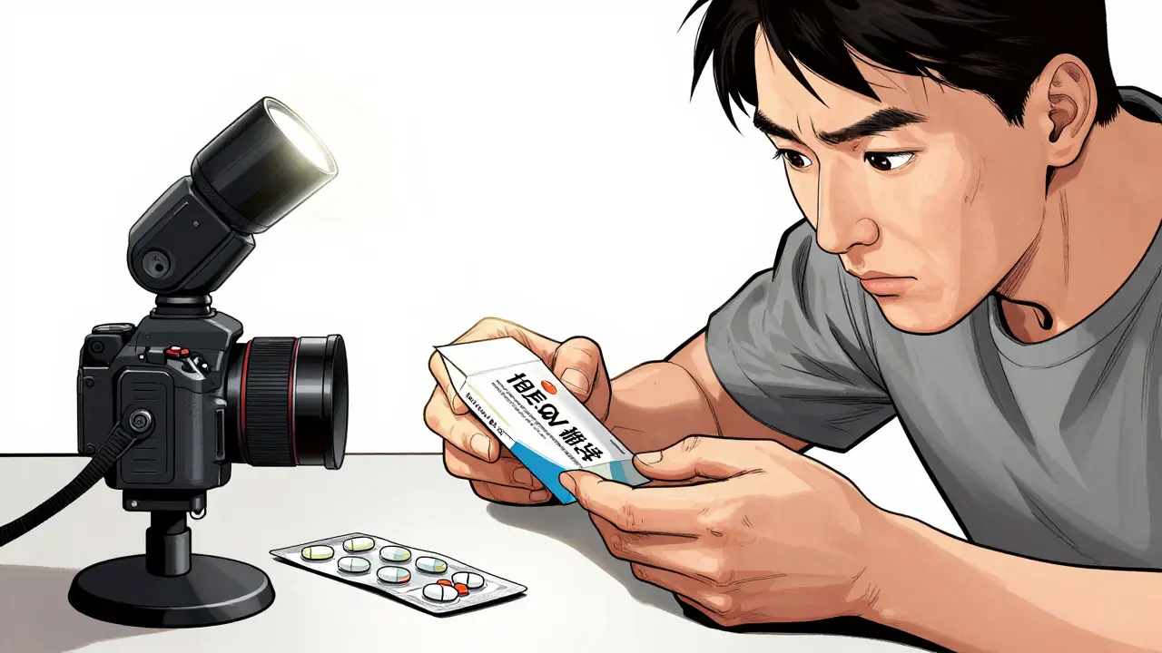 Un individu prend des photos d'un emballage de médicament pour preuve.