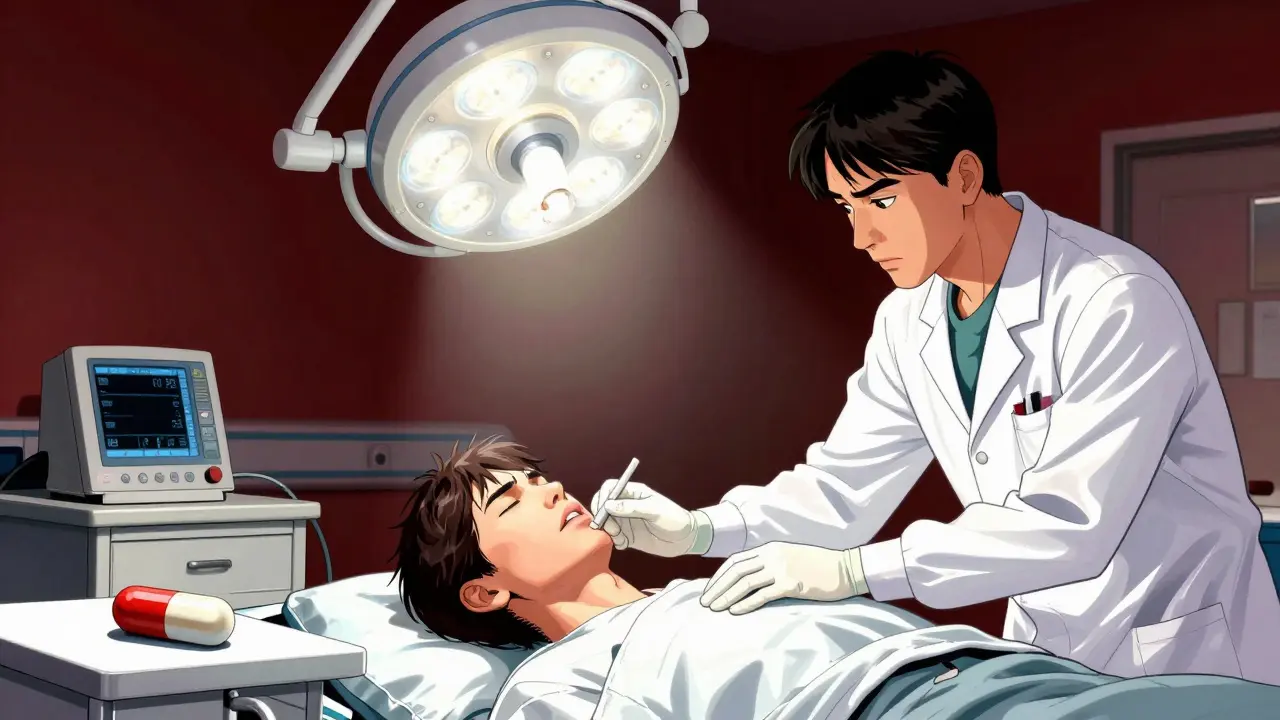 Un patient en salle d'opération présente des signes d'arrêt respiratoire, un supplément de valériane tombe de la table de chevet.